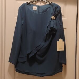 NWT LanTing Bride Blue Formal Long Sleeve Blouse with Brooch Detail L